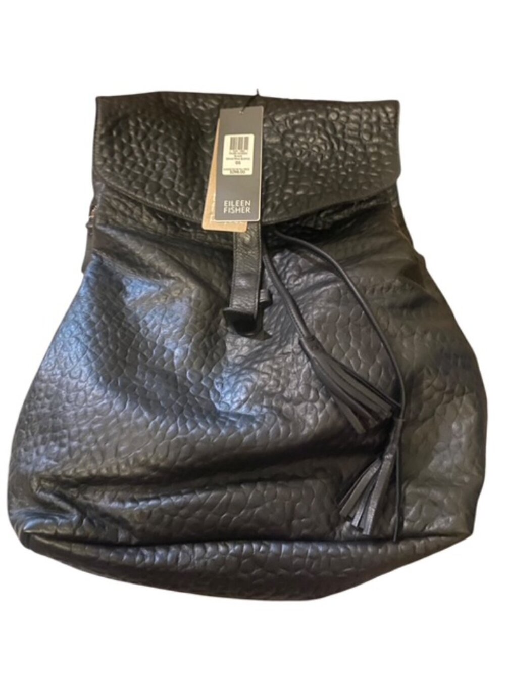 NWT Eileen Fisher Black Pebbled Leather Tassel Backpack- includes dustbag